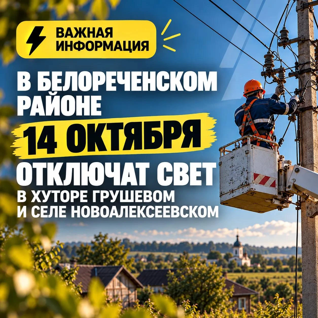 ⚡ В Белореченском районе 14 октября отключат свет в хуторе Грушевом и селе Новоалексеев...