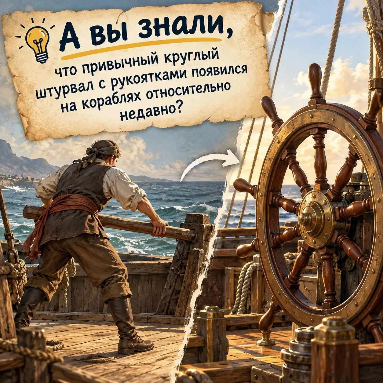 💡 А вы знали, что привычный круглый штурвал с рукоятками появился на кораблях относите...