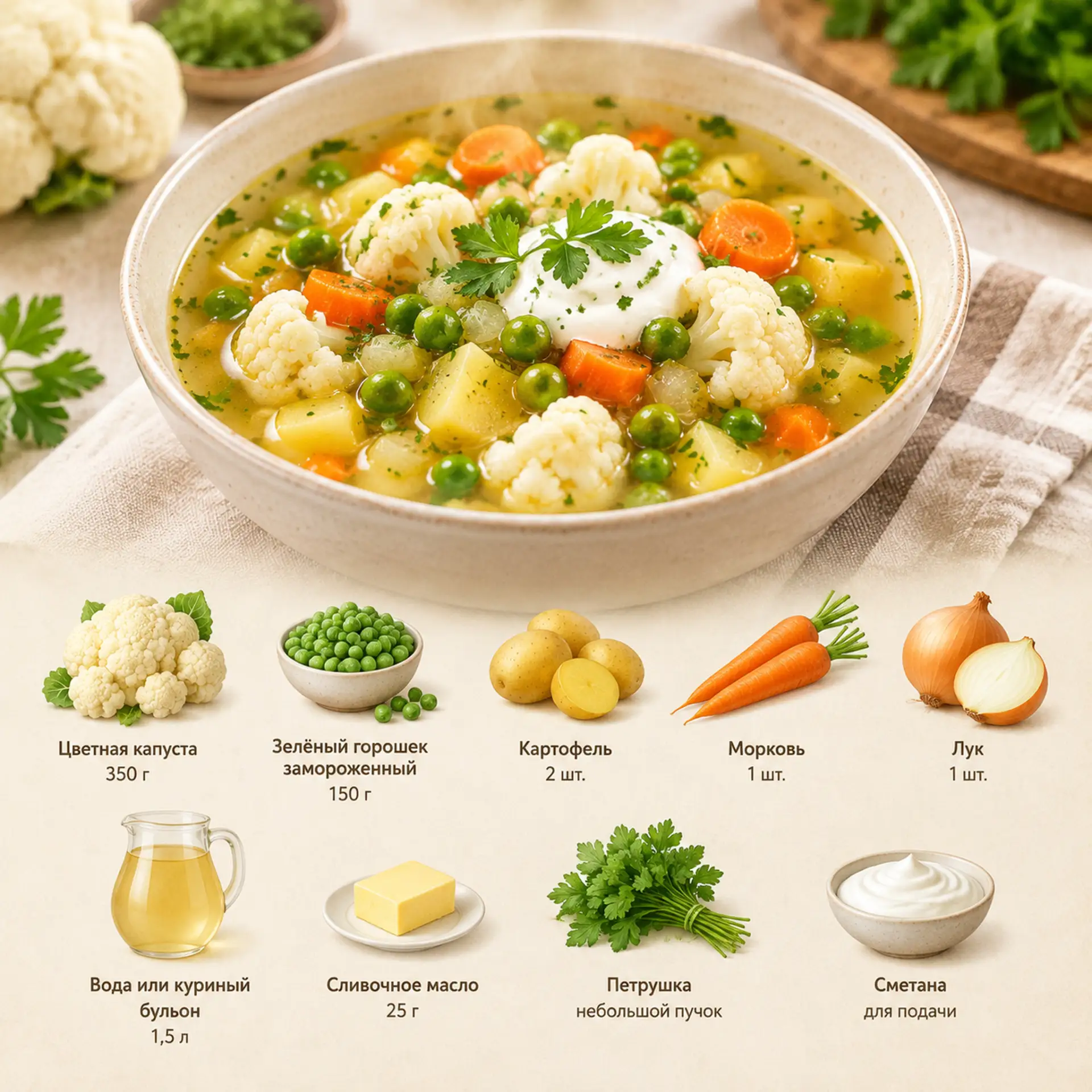 Суп с цветной капустой и зелёным горошком 🤤