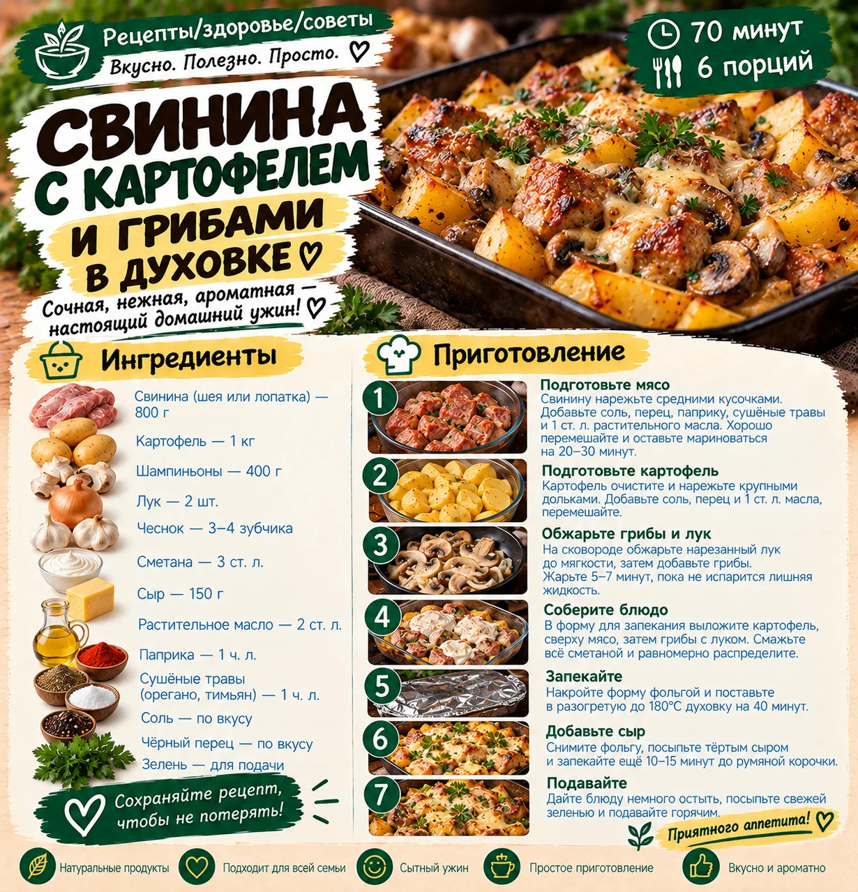 🍖 СВИНИНА С КАРТОФЕЛЕМ И ГРИБАМИ В ДУХОВКЕ