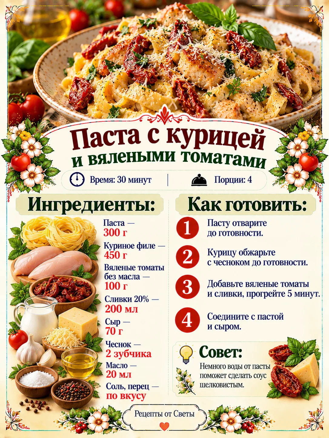 🍝 Паста с курицей и вялеными томатами, такая аппетитная, что домашний ужин легко превр...