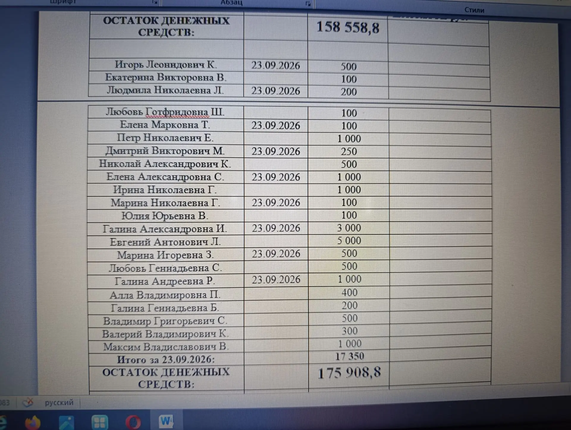 Отчет о денежных средствах общий с 24.09.2026 по 07.10.2026 . Остаток денежных средств ...