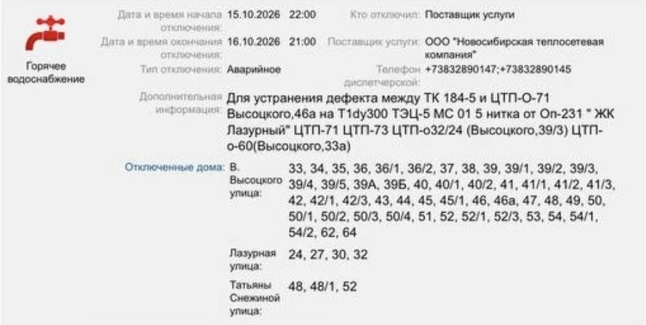 Отключение горячей воды.