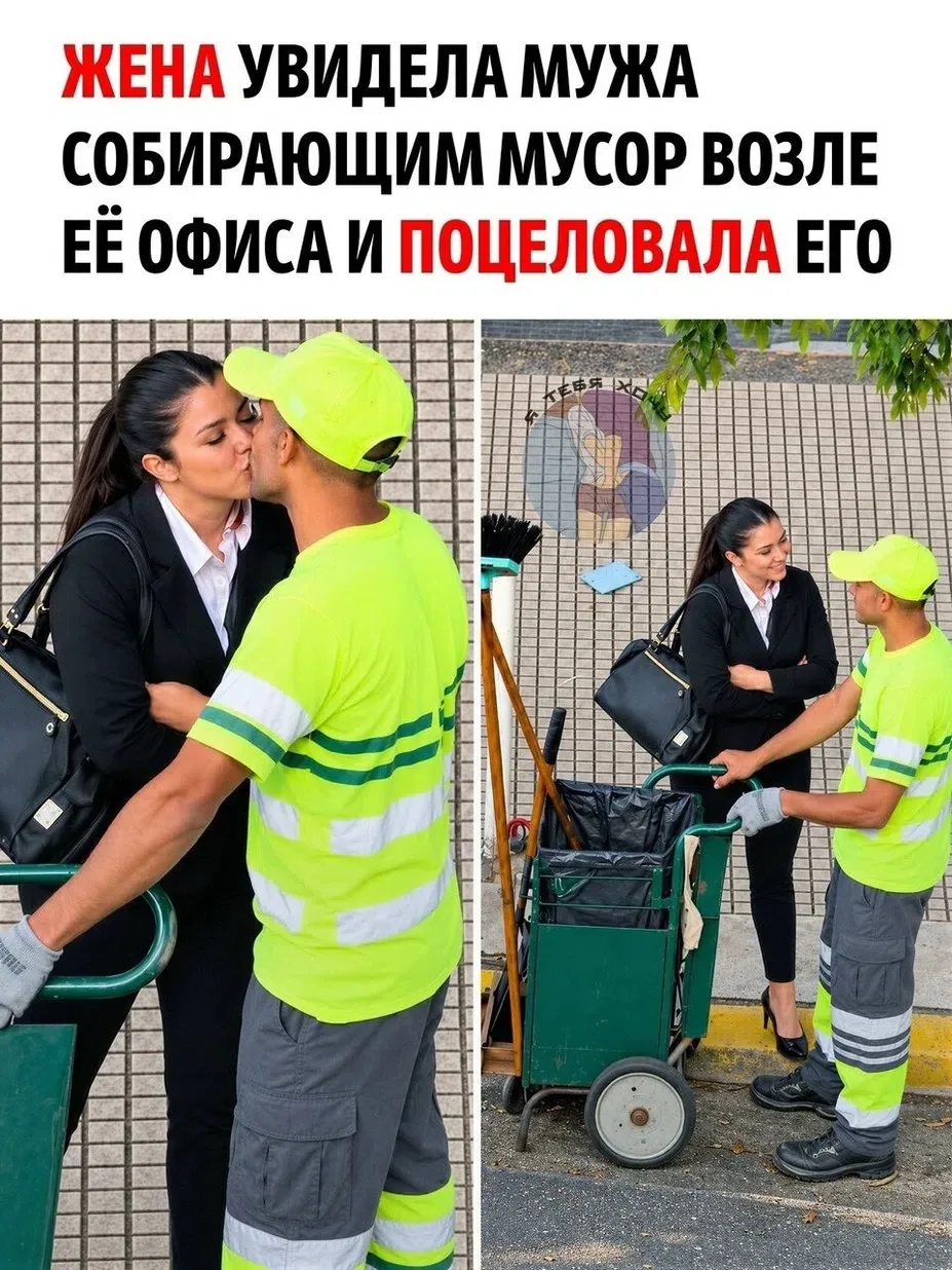 Женщина заметила своего мужа во время его рабочего дня. Он был в форме коммунального ра...
