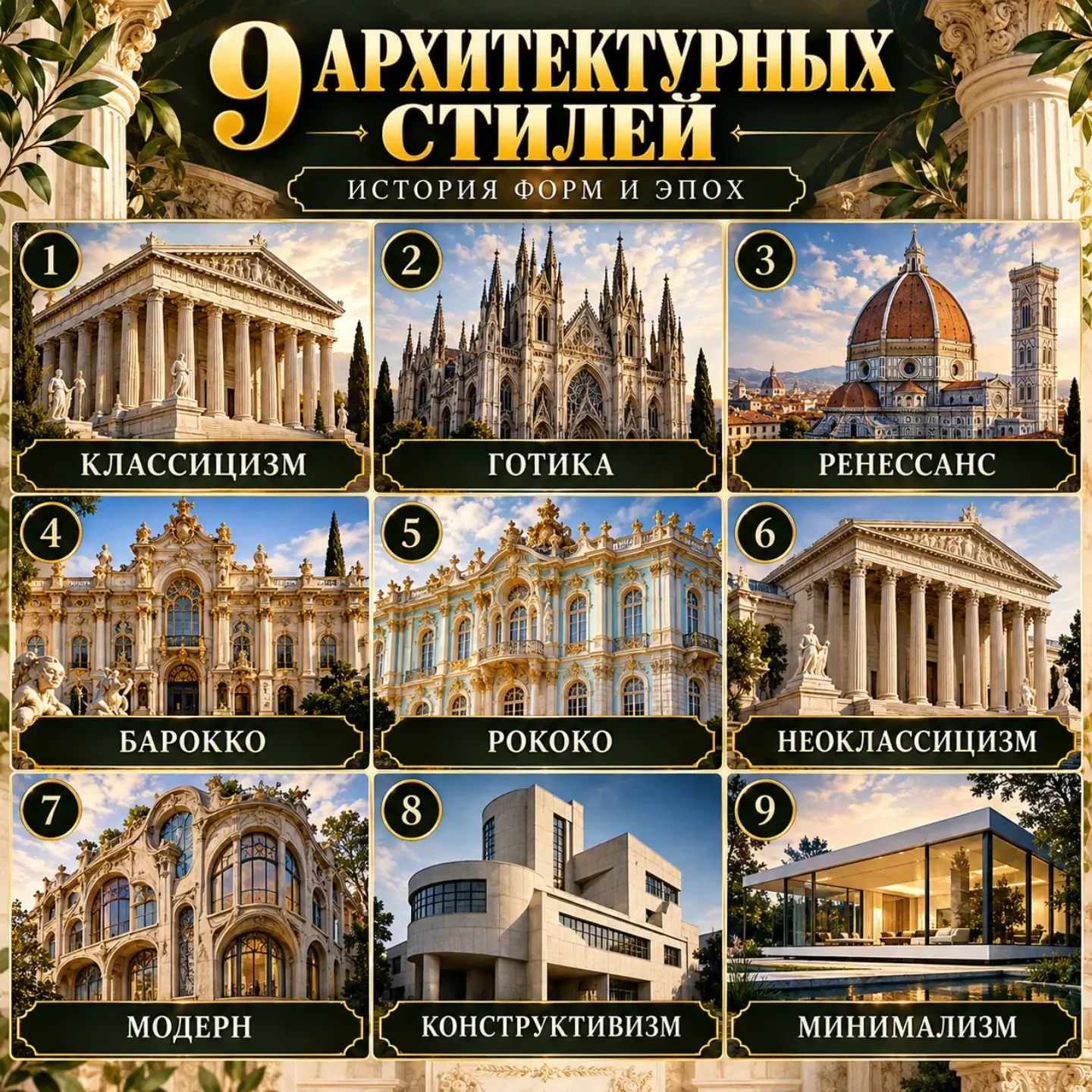 9 архитектурных стилей.