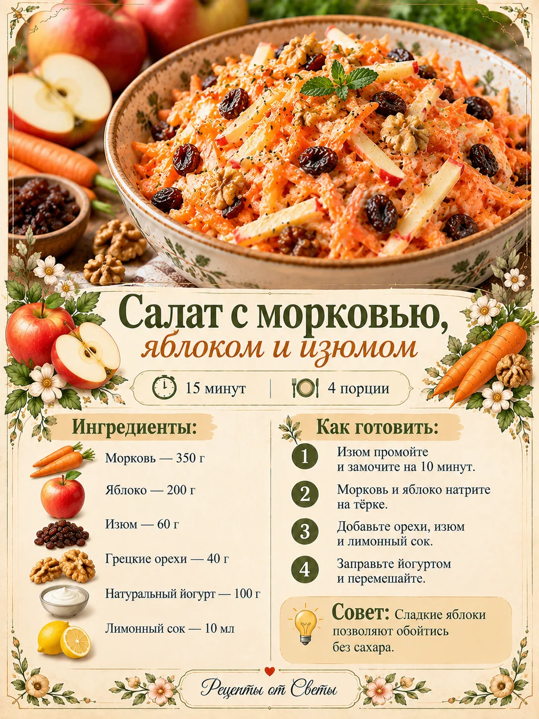 🥕 Салат с морковью, яблоком и изюмом, когда хочется чего-нибудь свеженького, сладковат...