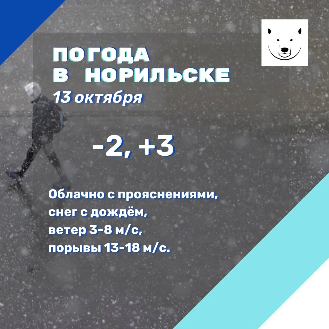 Прогноз погоды на 13.10.2026 (по данным Таймырского ЦГМС – филиала ФГБУ «СУГМС»): небол...
