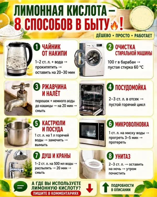 Лимонная кислота: 8 способов в быту 🍋