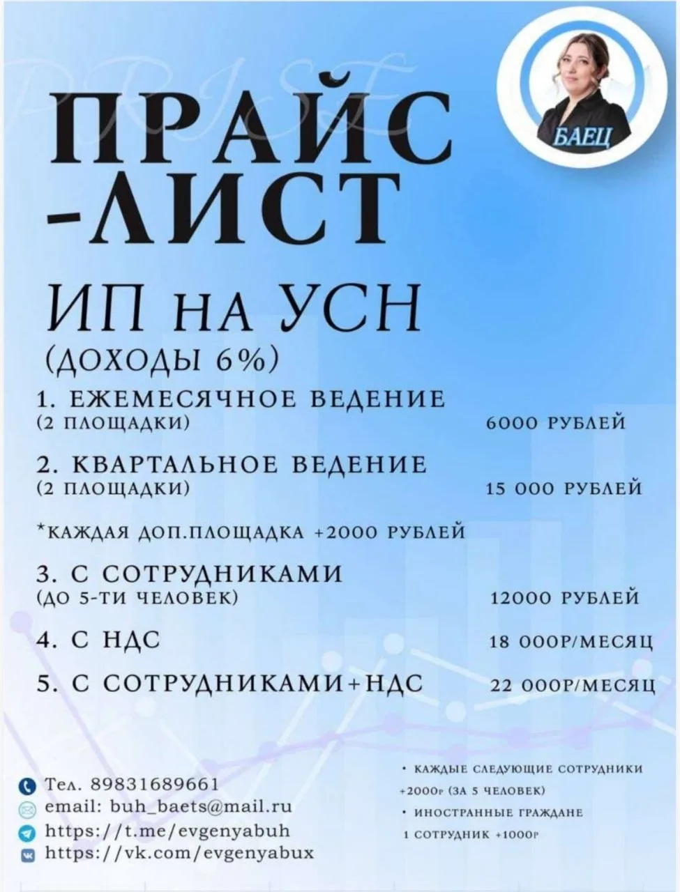 📈 Цены на услуги нашего бухгалтерского агентства Евгении Цкаевой