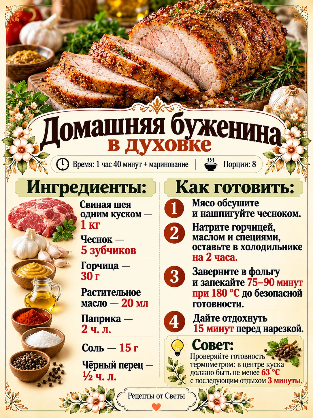 🥩 Домашняя буженина с румяной корочкой, которую хочется попробовать ещё горячей, не до...