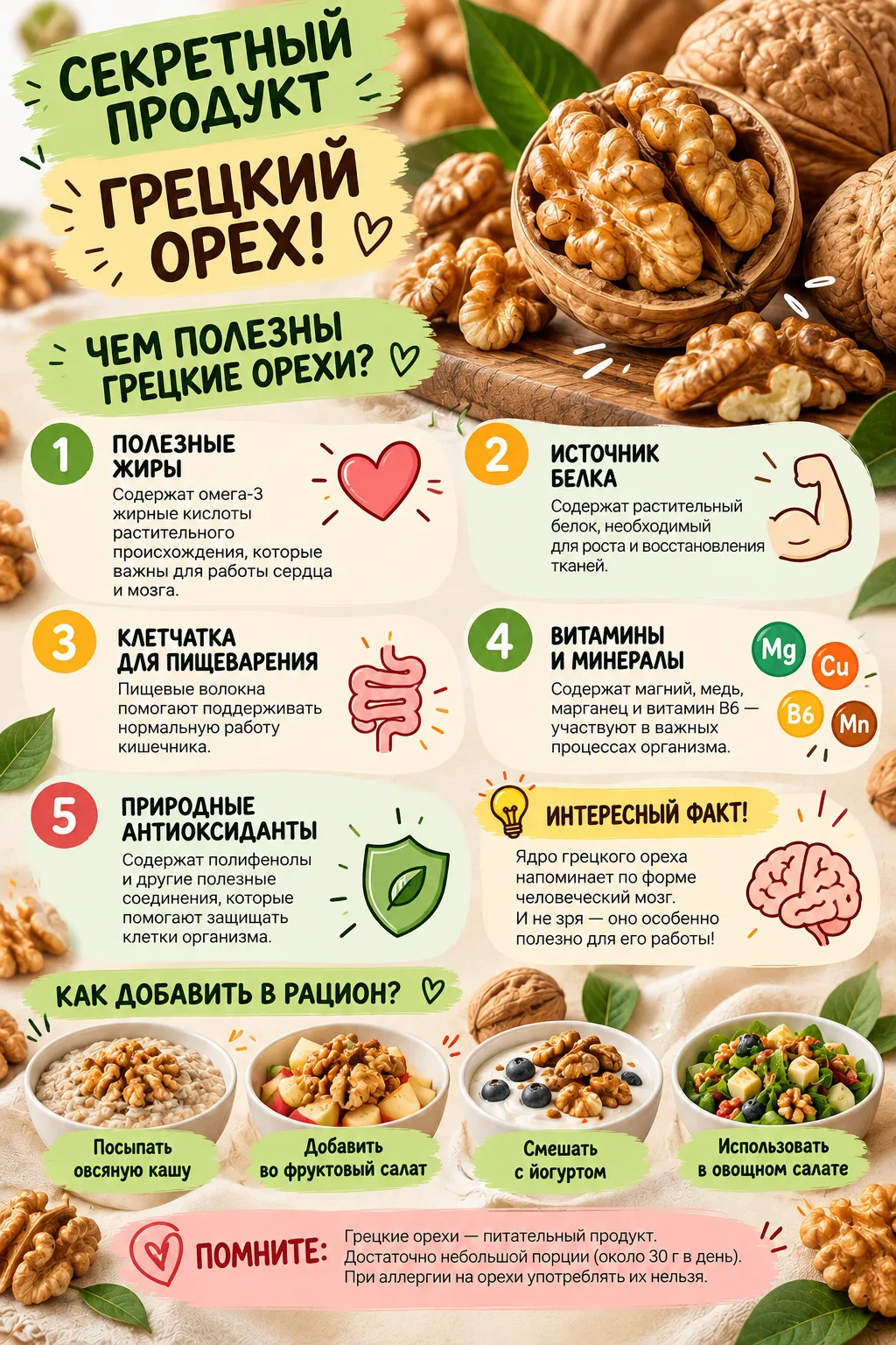🌰 СЕКРЕТНЫЙ ПРОДУКТ: ГРЕЦКИЙ ОРЕХ — МАЛЕНЬКИЙ ИСТОЧНИК БОЛЬШОЙ ПОЛЬЗЫ!