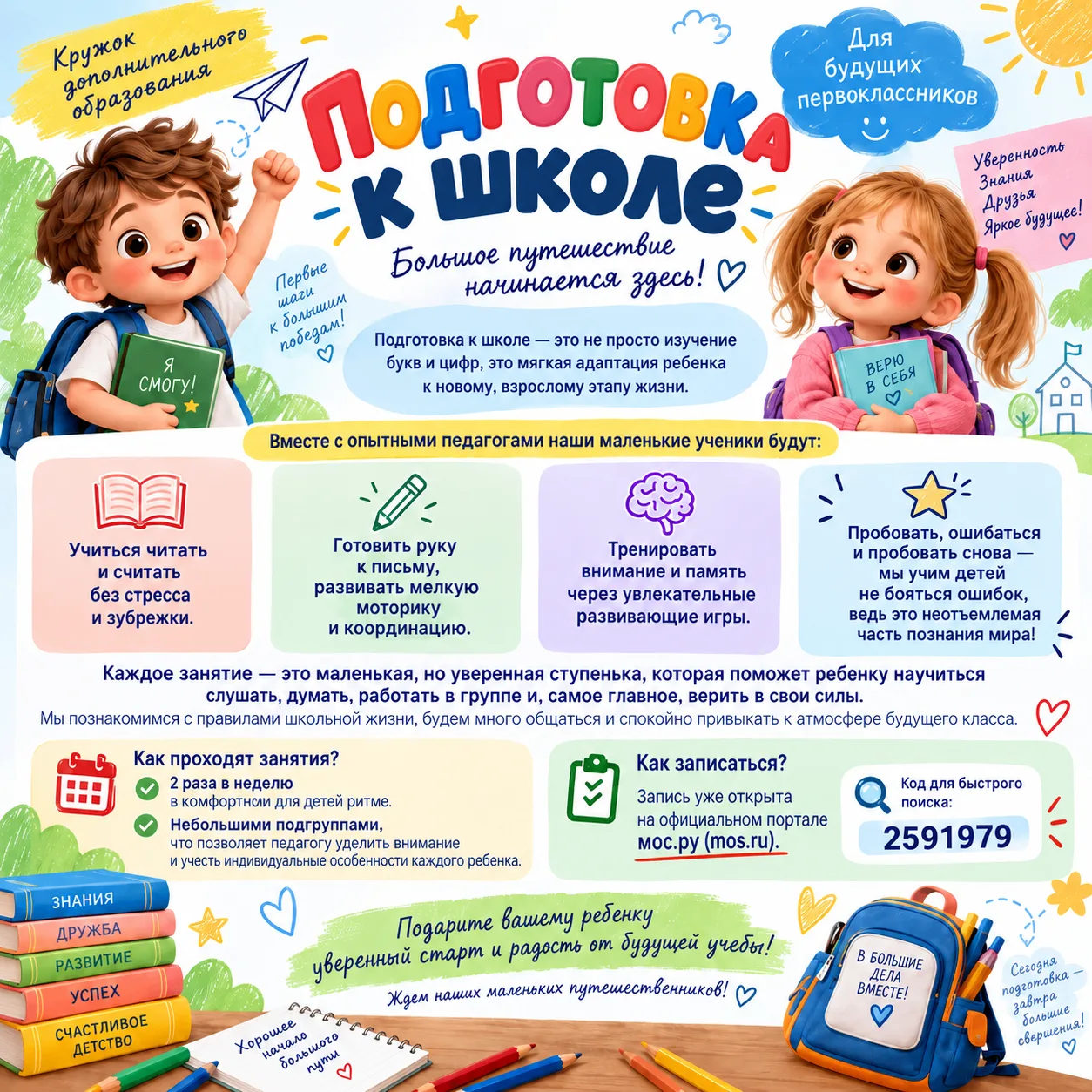 Запись на кружок «Подготовка к школе» для будущих первоклассников официально открыта! 🚀🎒
