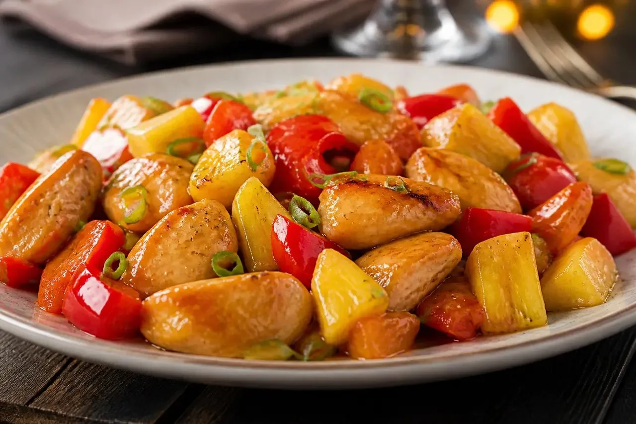Курица по-тайски с ананасом: сочное и яркое блюдо для праздника. Пошаговый рецепт с кис...