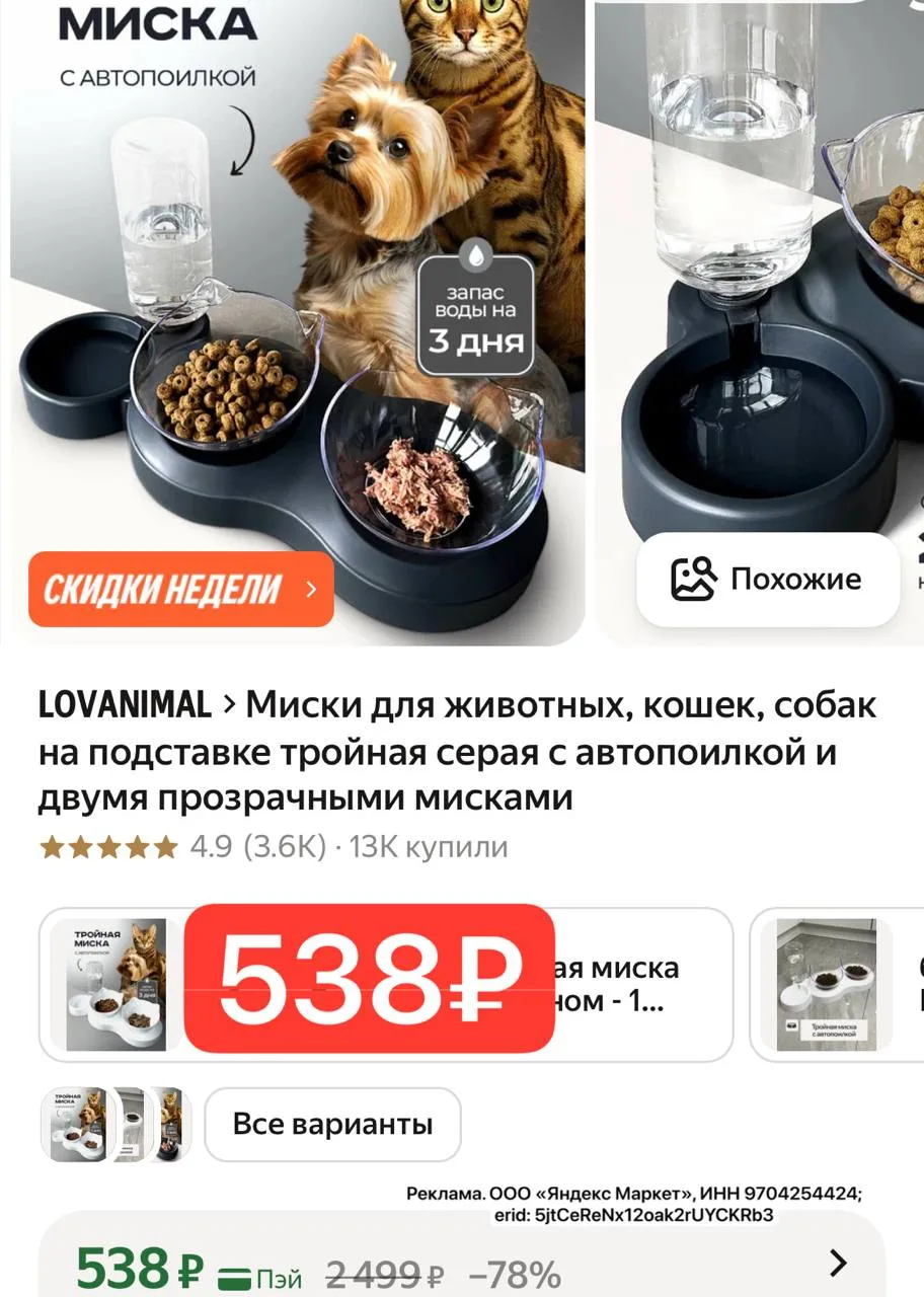 ⭐️ Миски для животных, кошек, собак на подставке тройная серая с автопоилкой и двумя пр...
