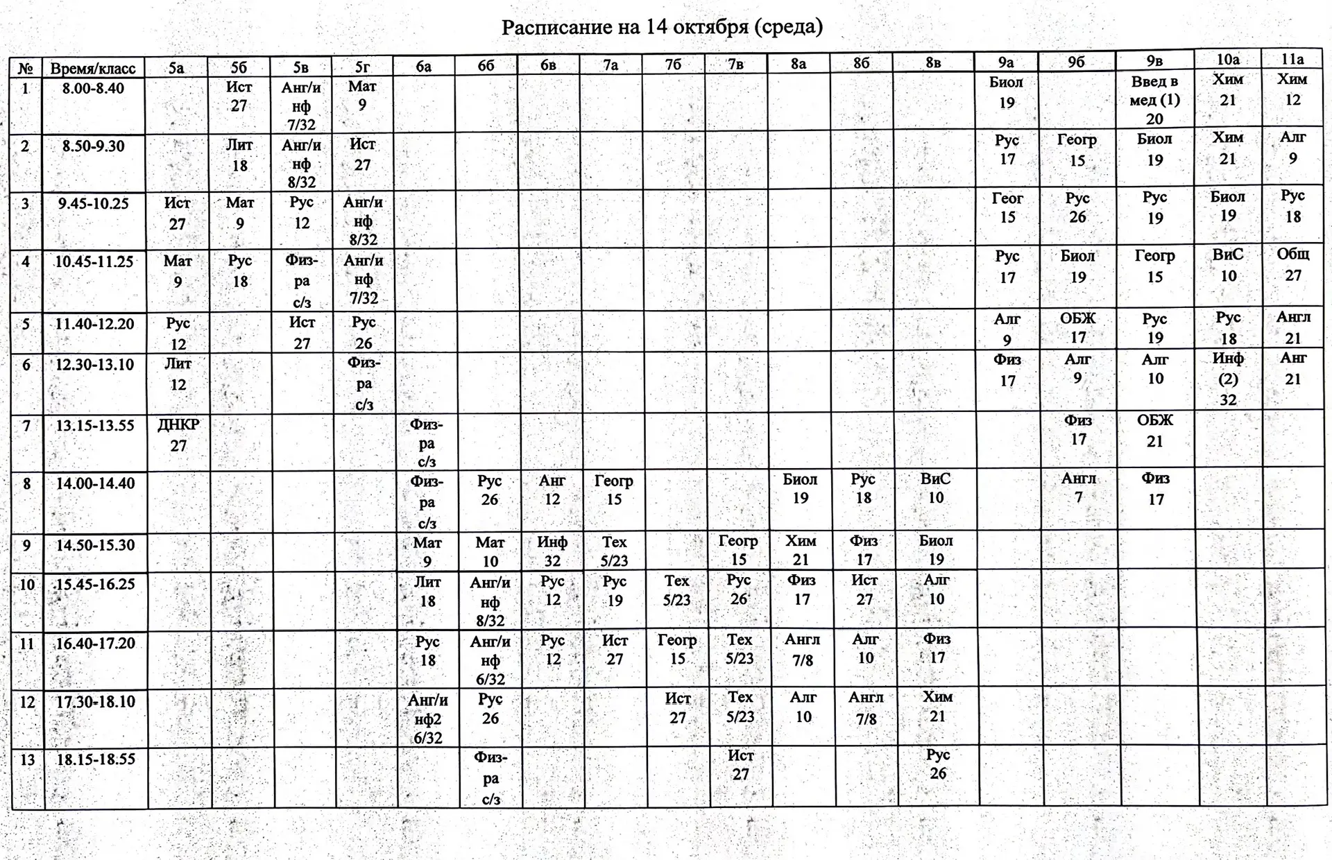 Расписание на 14 октября