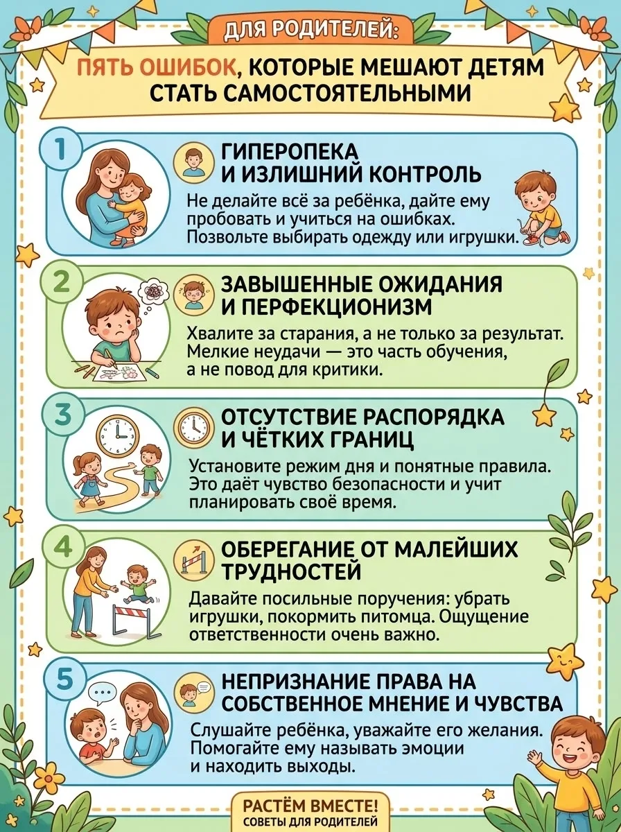 Советы для родителей «Пять ошибок, которые мешают детям стать самостоятельными»
