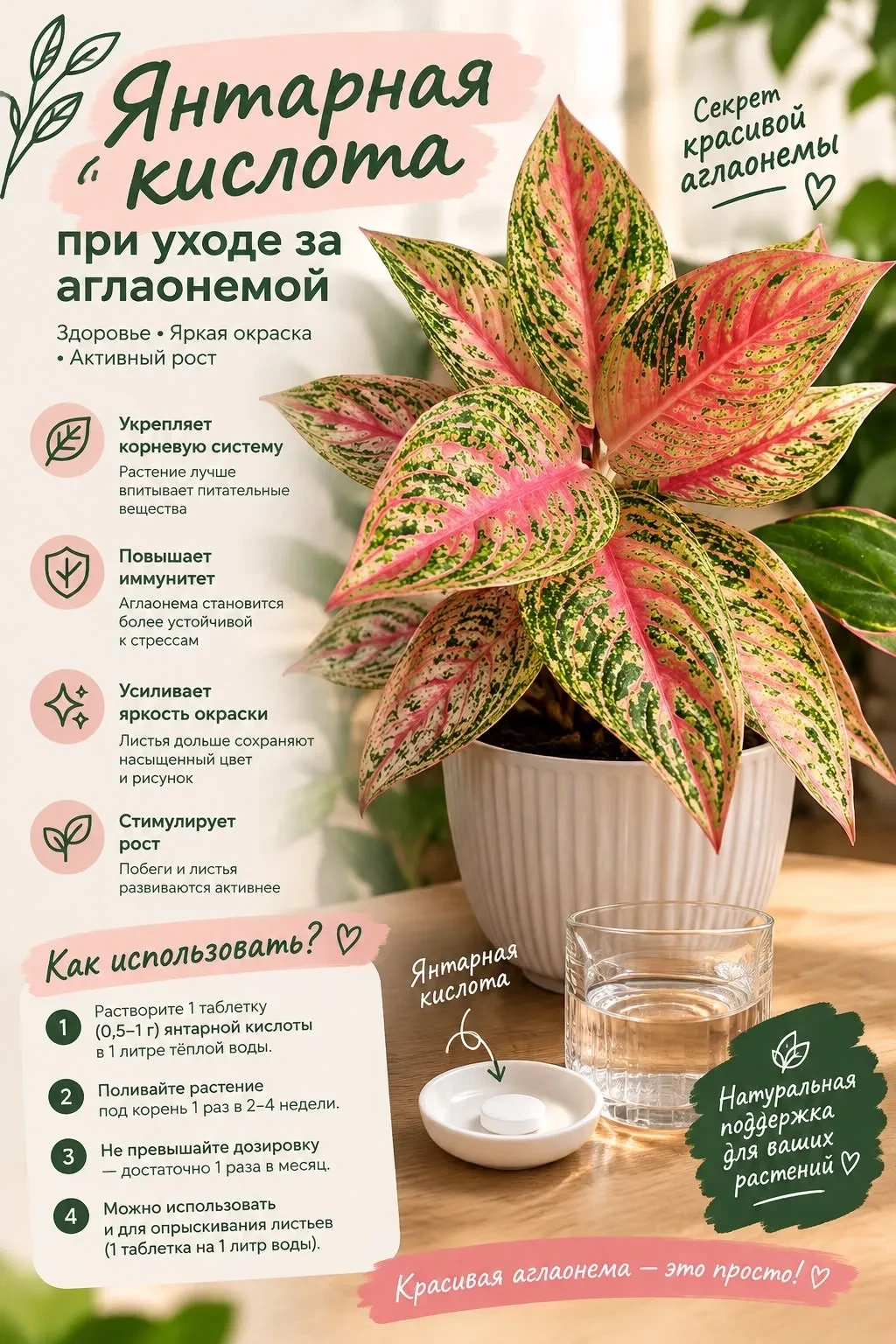 ✨ Янтарная кислота при уходе за аглаонемой 🪴