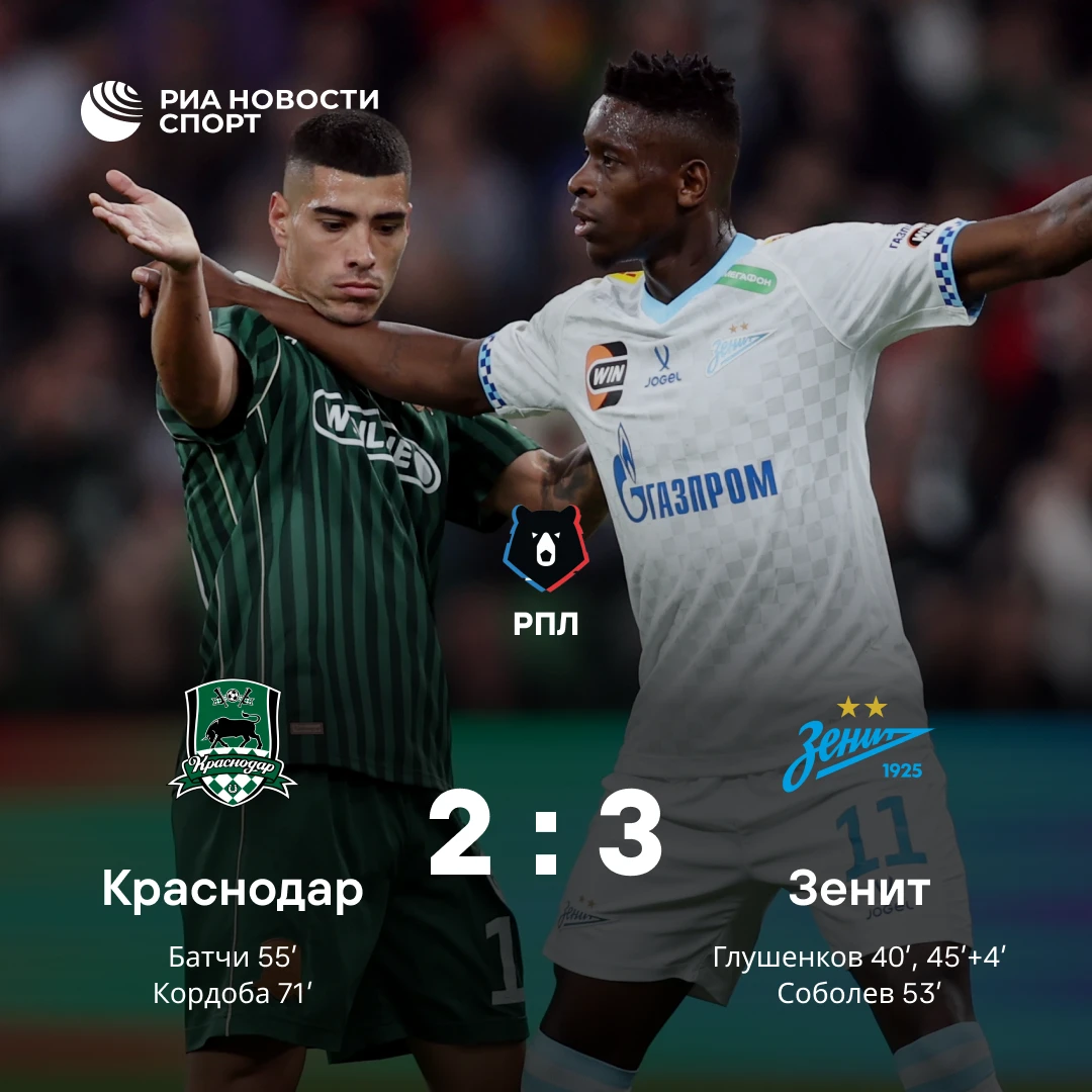 ⚽️ «Зенит» обыграл «Краснодар» и поднялся на первое место в таблице чемпионата России