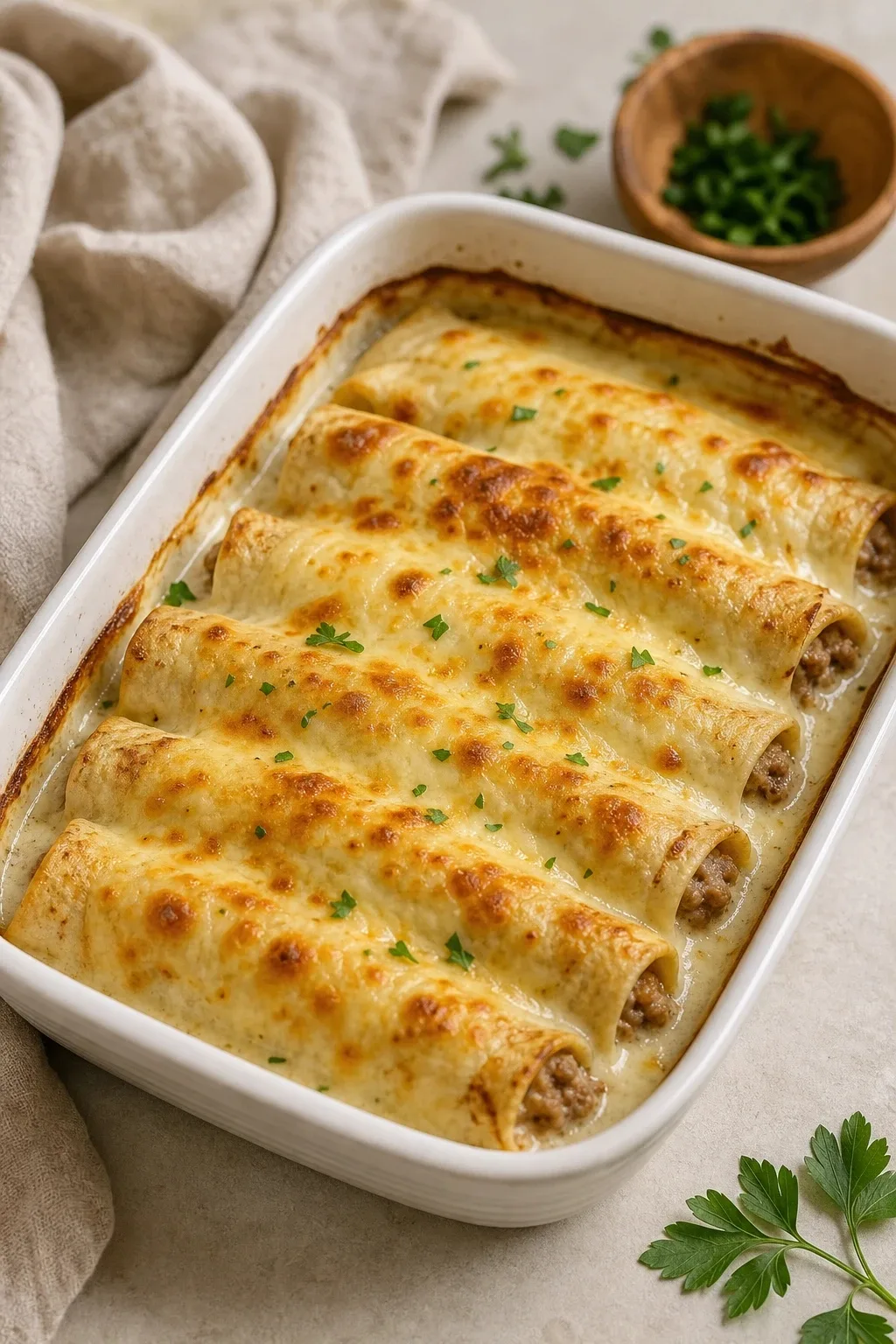 Запечённые блины с мясом под соусом бешамель