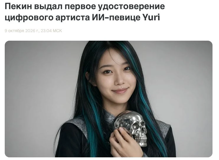 🇨🇳В Китае выдали первое удостоверение цифрового артиста виртуальной певице Yuri, созд...