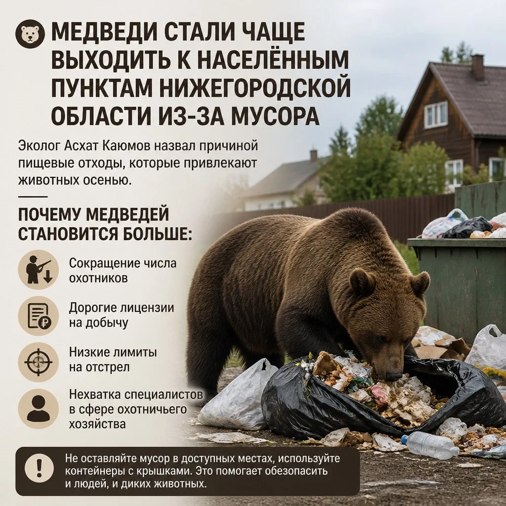 Медведи стали чаще выходить к населенным пунктам Нижегородской области из-за мусора.