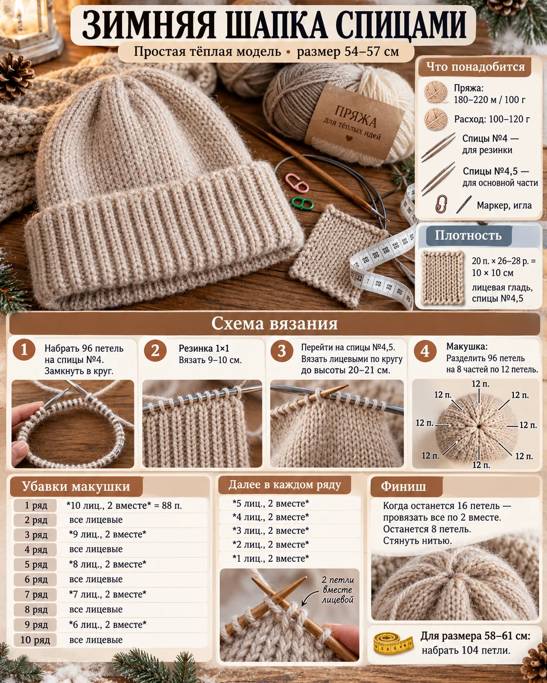 🧶 ТЁПЛАЯ ЗИМНЯЯ ШАПКА СПИЦАМИ