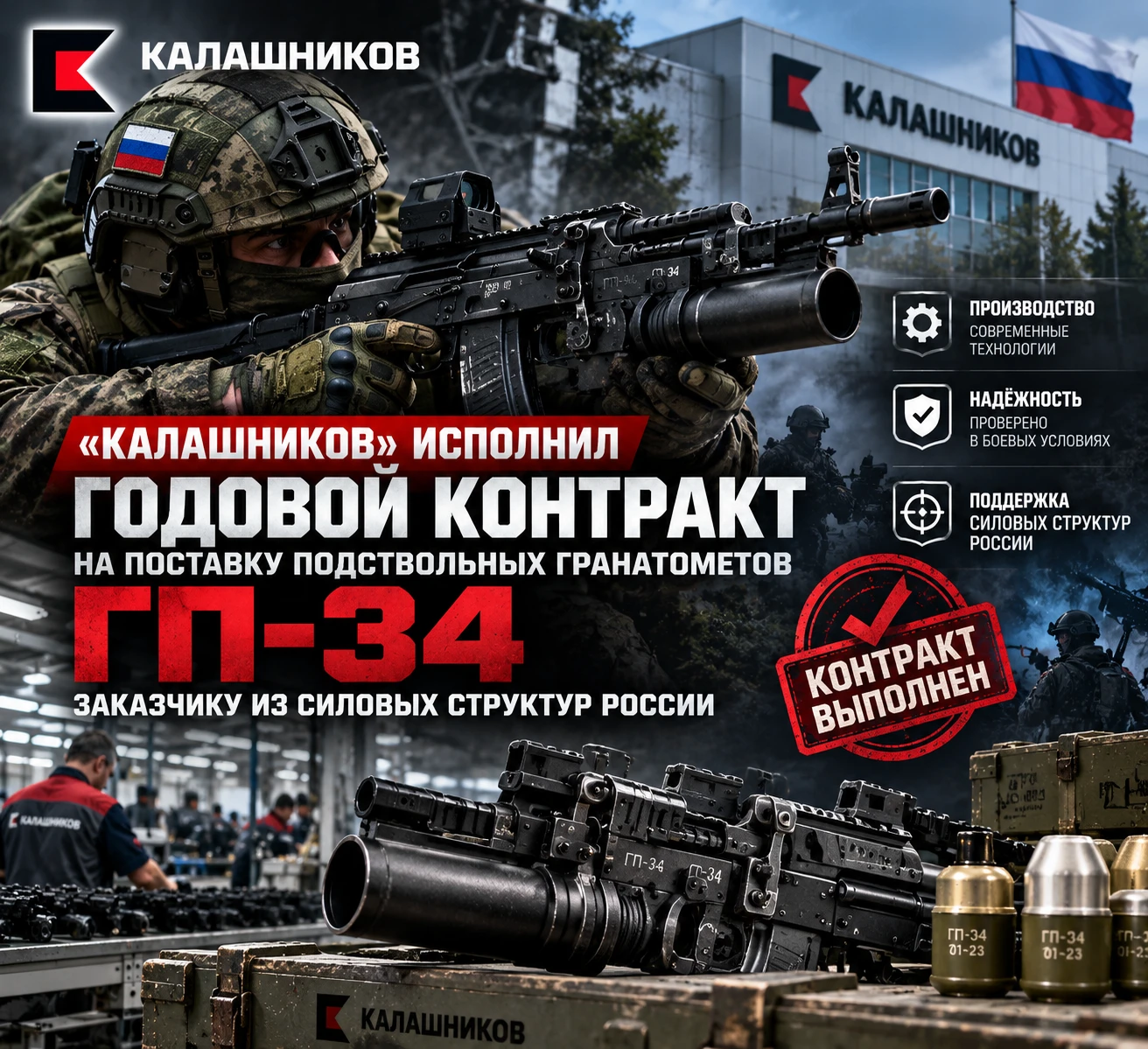 «Калашников» исполнил годовой контракт на поставку подствольных гранатометов ГП-34 зака...