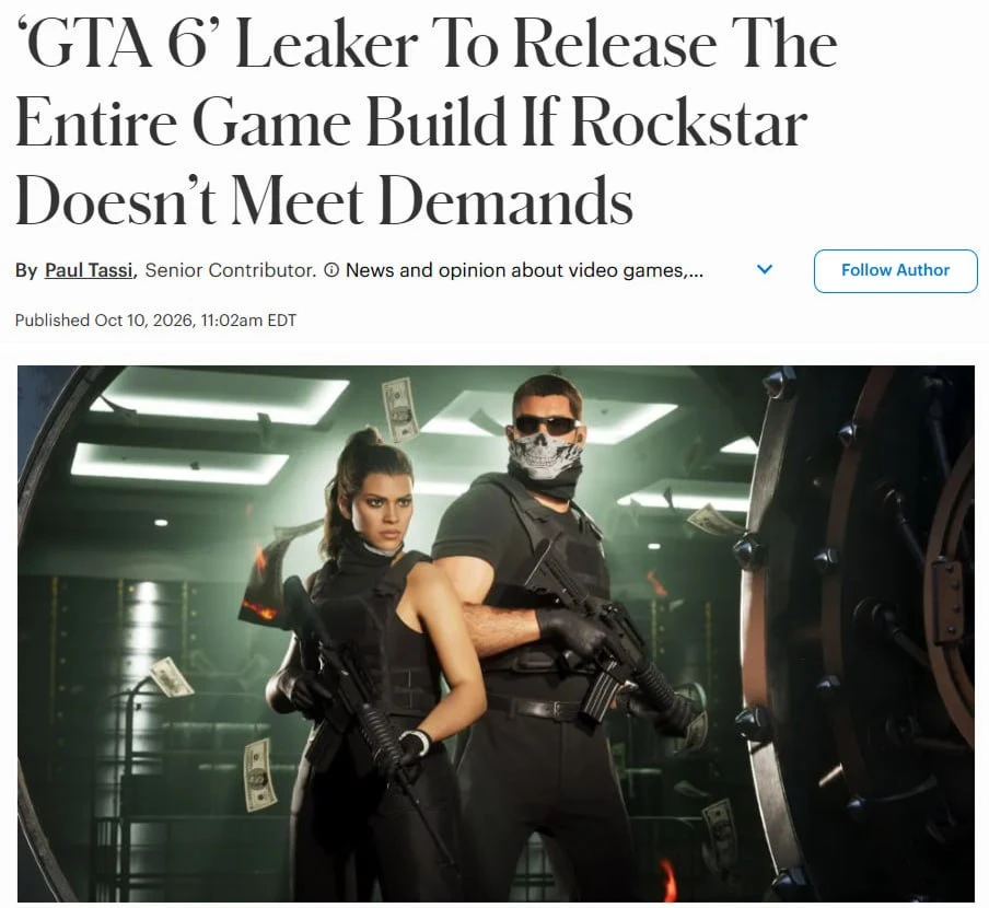 6️⃣ Хакеры угрожают слить GTA 6 целиком до релиза