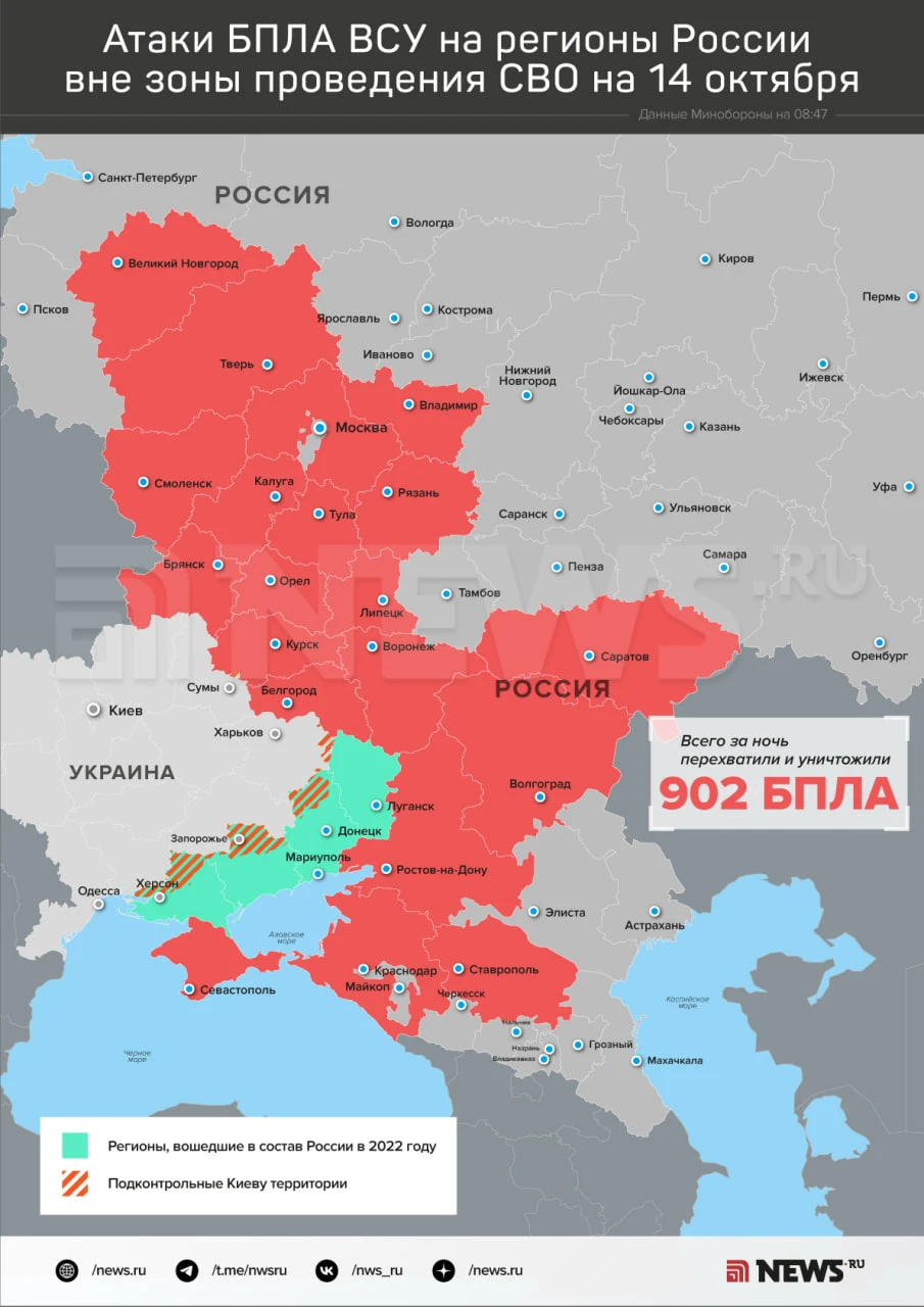 902 украинских беспилотника уничтожили силы ПВО за ночь над регионами России, сообщили ...