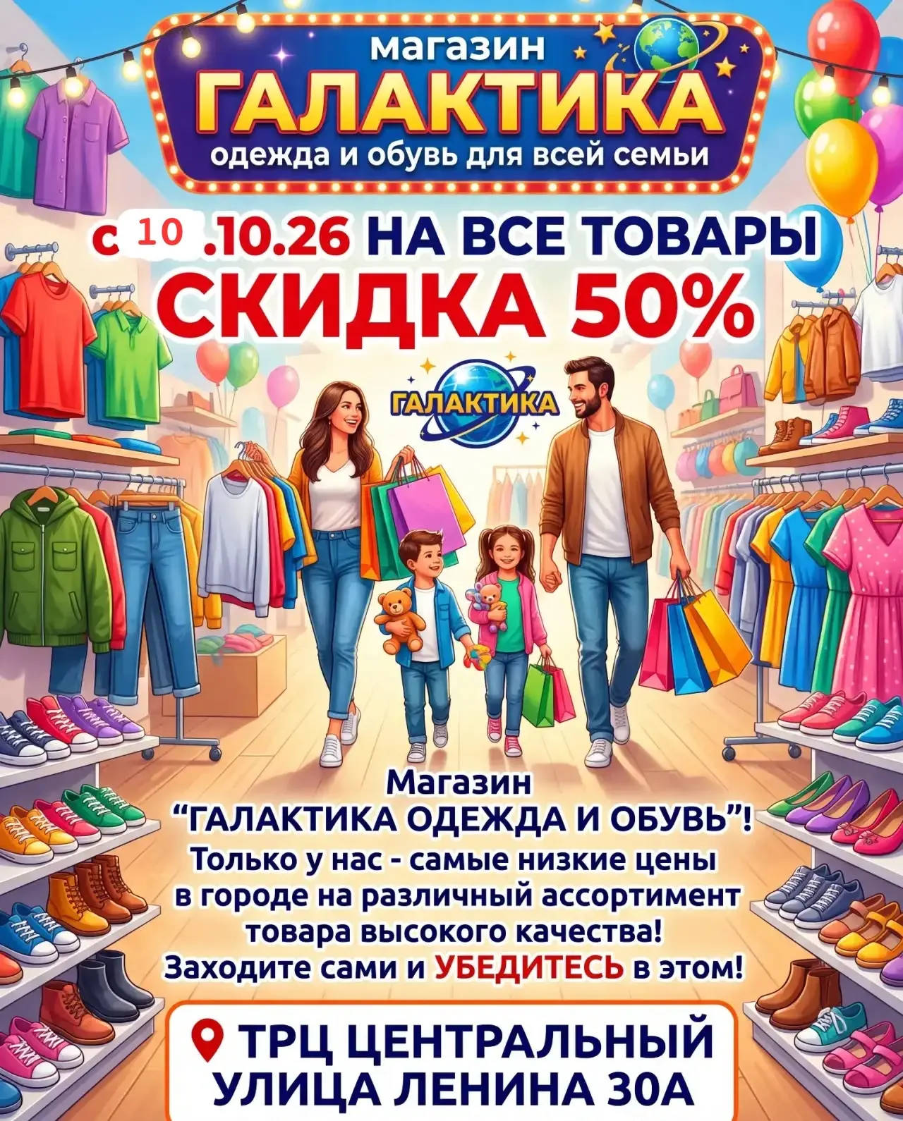 ГАЛАКТИКА ОДЕЖДА И ОБУВЬ ДЛЯ ВСЕЙ СЕМЬИ НА ВСЕ ТОВАРЫ 50% СКИДКА с 10.10.2026