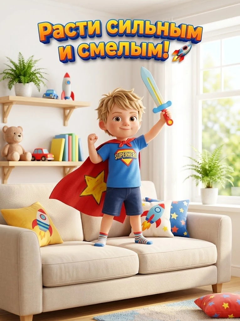 Расти сильным и смелым! Этот мальчик в плаще супергероя и с мечом уже готов защитить ми...