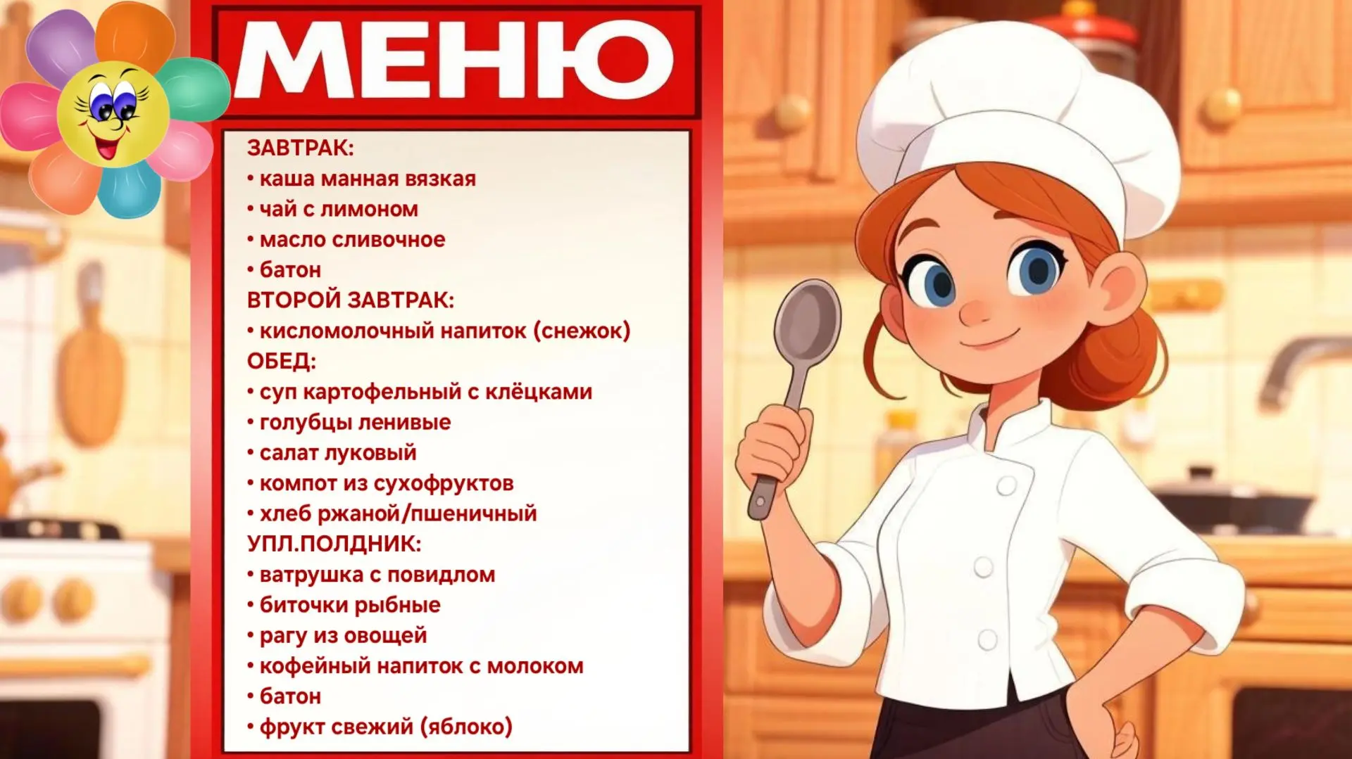 С радостью представляем вам меню на сегодняшний день в нашем детском саду!