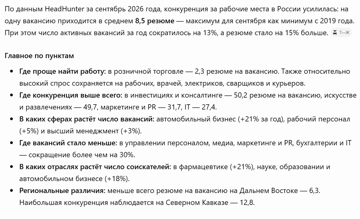 👩‍💻👨‍💼👩‍⚖️ Где больше всего вырос и упал спрос на работников в сентябре?