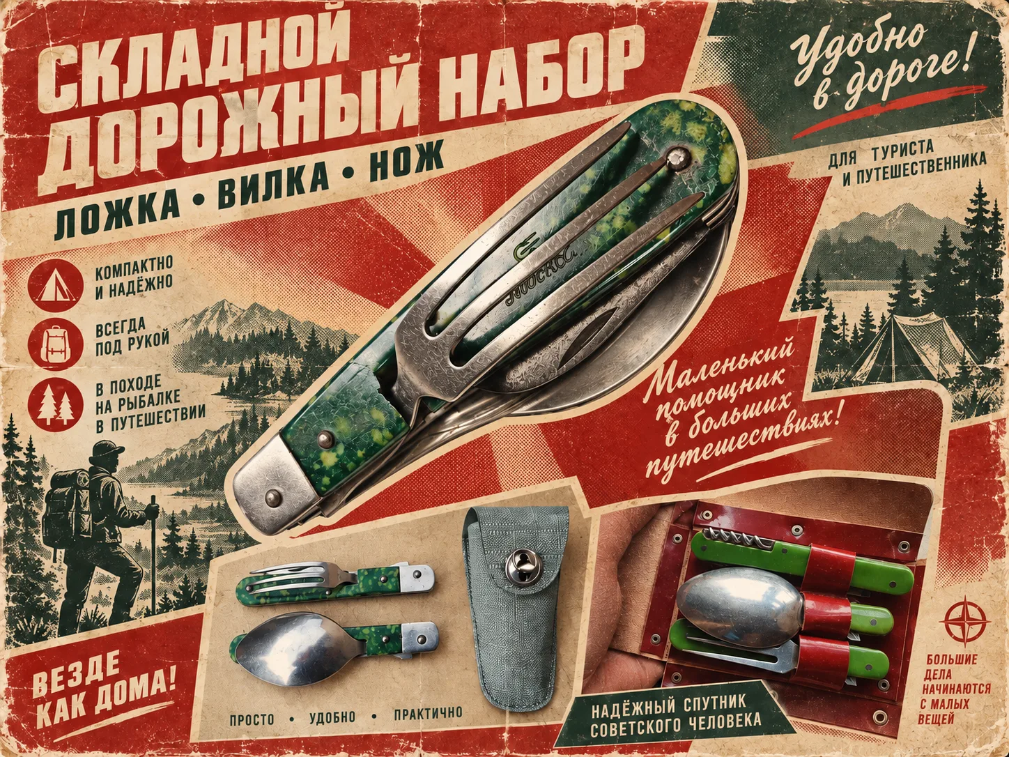 Складной дорожный набор ложка-вилка-нож