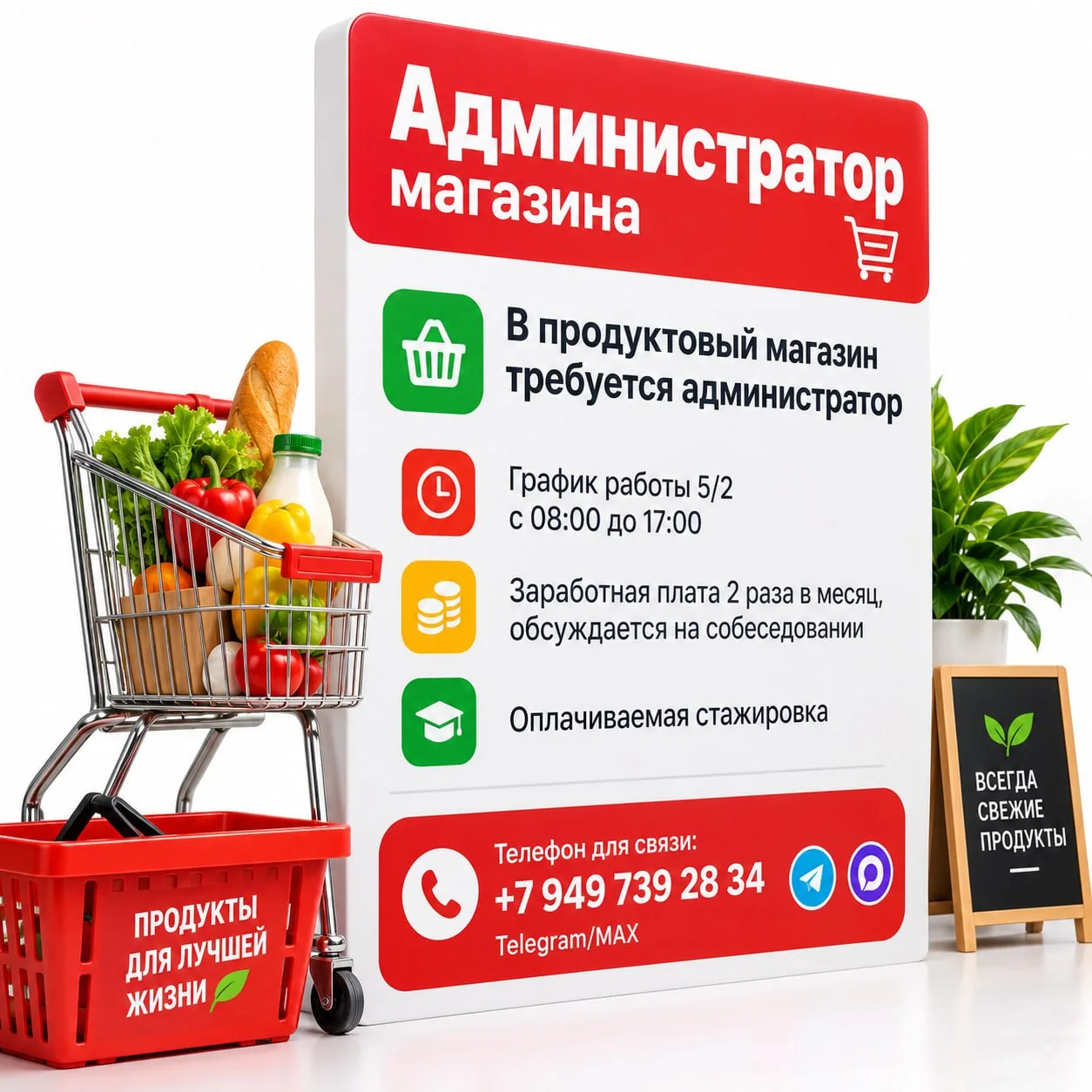 🛒 В продуктовый магазин требуется АДМИНИСТРАТОР.