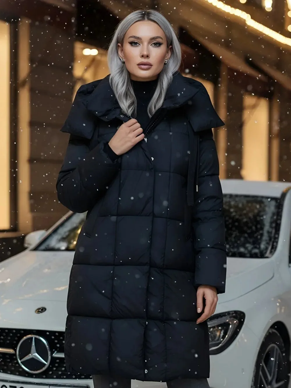 🛍️ Пальто зимнее утепленное с капюшоном женское черного цвета 7700Ch