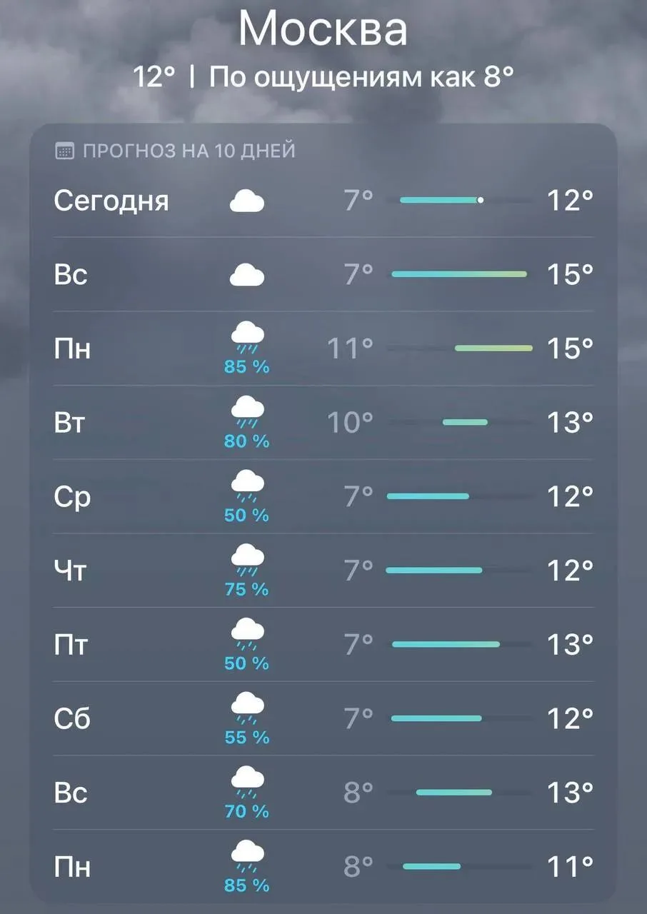 ☁️ Кажется москвичи не увидят солнца в ближайшие 10 дней.