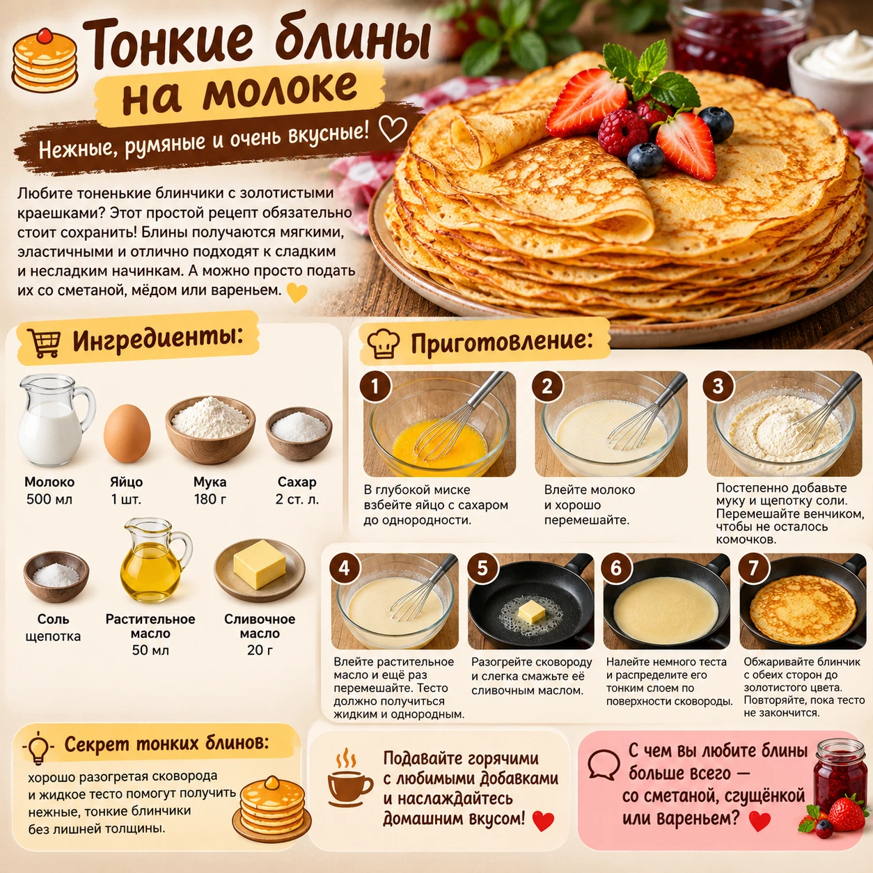 🥞 Тонкие блины на молоке — нежные, румяные и очень вкусные! 😍