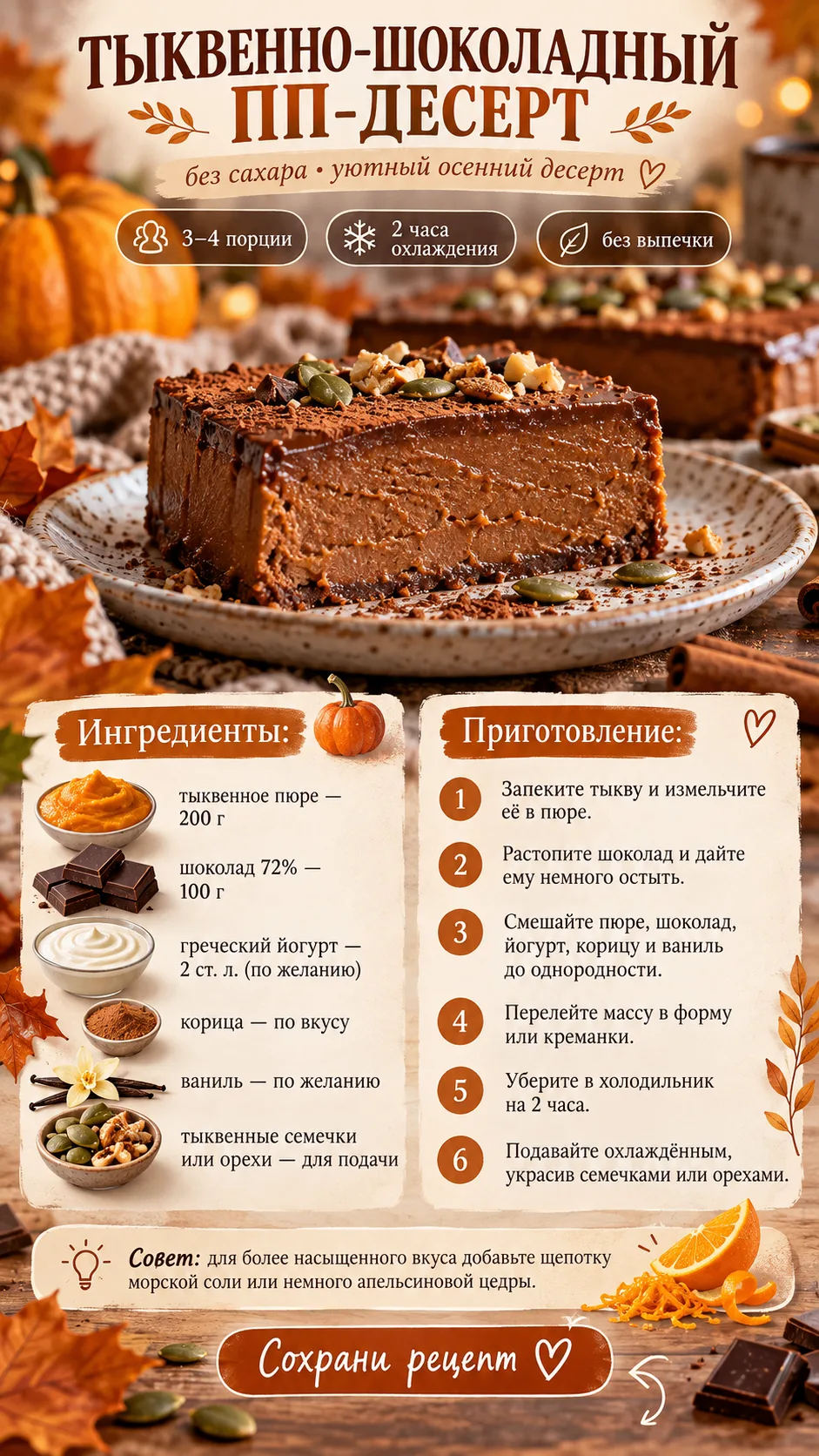 🎃🍫 Тыквенно-шоколадный ПП-десерт без выпечки