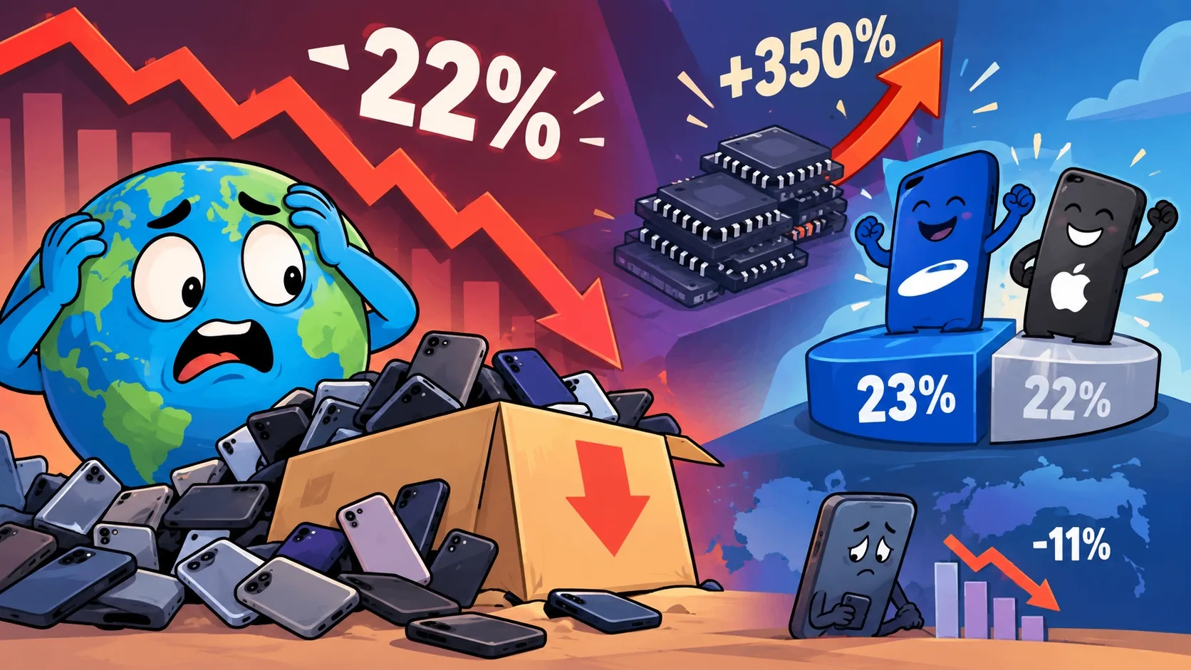 Поставки смартфонов в мире в третьем квартале 2026 года рухнули на 22% относительно тог...