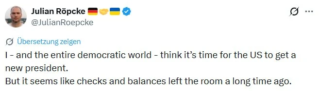 «Я — как и весь демократический мир — считаю, что для США настало время сменить президе...