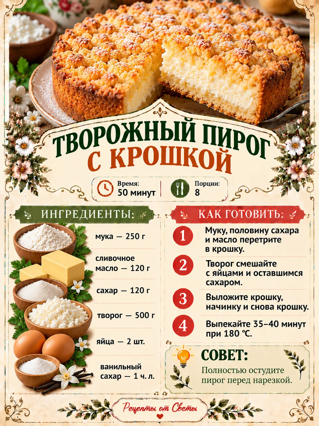 🍰 Рассыпчатая крошка и нежная творожная начинка: отрезаем кусочек и ставим чайник!