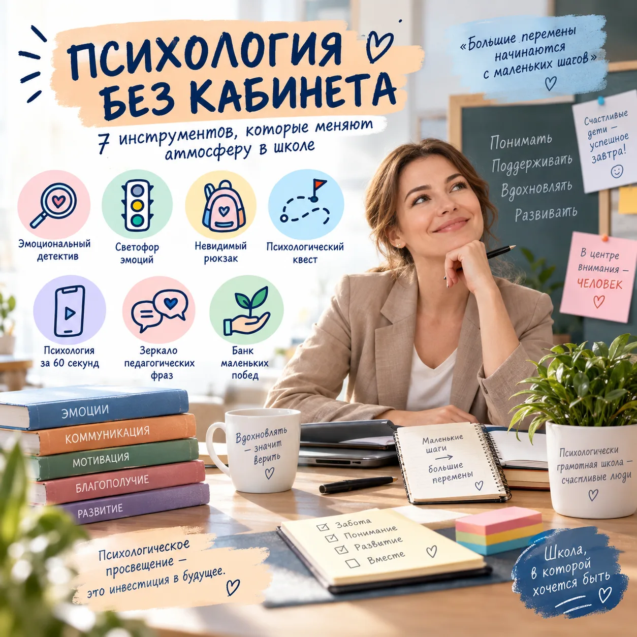 🧠 «ПСИХОЛОГИЯ БЕЗ КАБИНЕТА: 7 ИНСТРУМЕНТОВ, КОТОРЫЕ МЕНЯЮТ АТМОСФЕРУ В ШКОЛЕ»