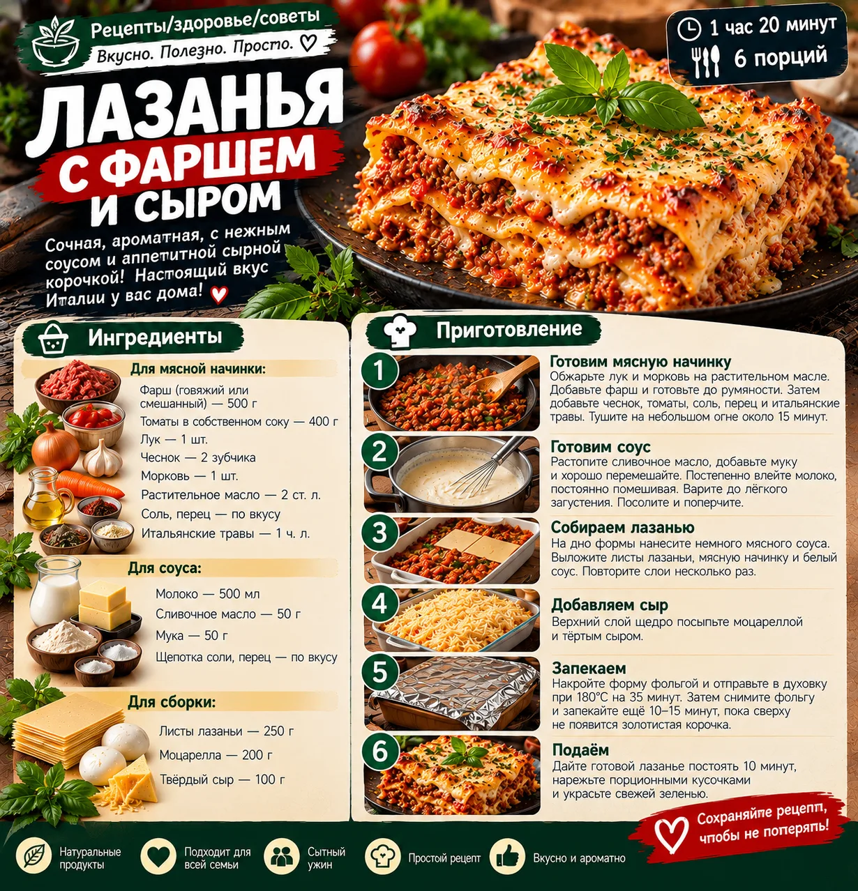 🍝 ЛАЗАНЬЯ С ФАРШЕМ И СЫРОМ