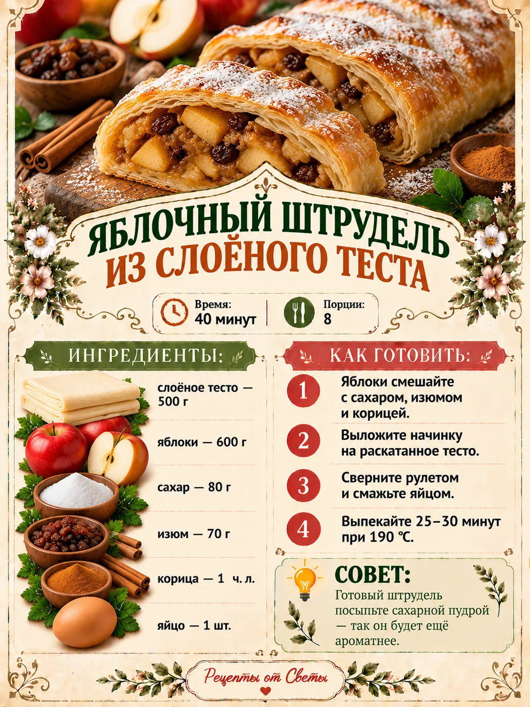 🍎 Хрустящее тесто, яблоки и корица: испечём штрудель и устроим себе вкусную паузу!