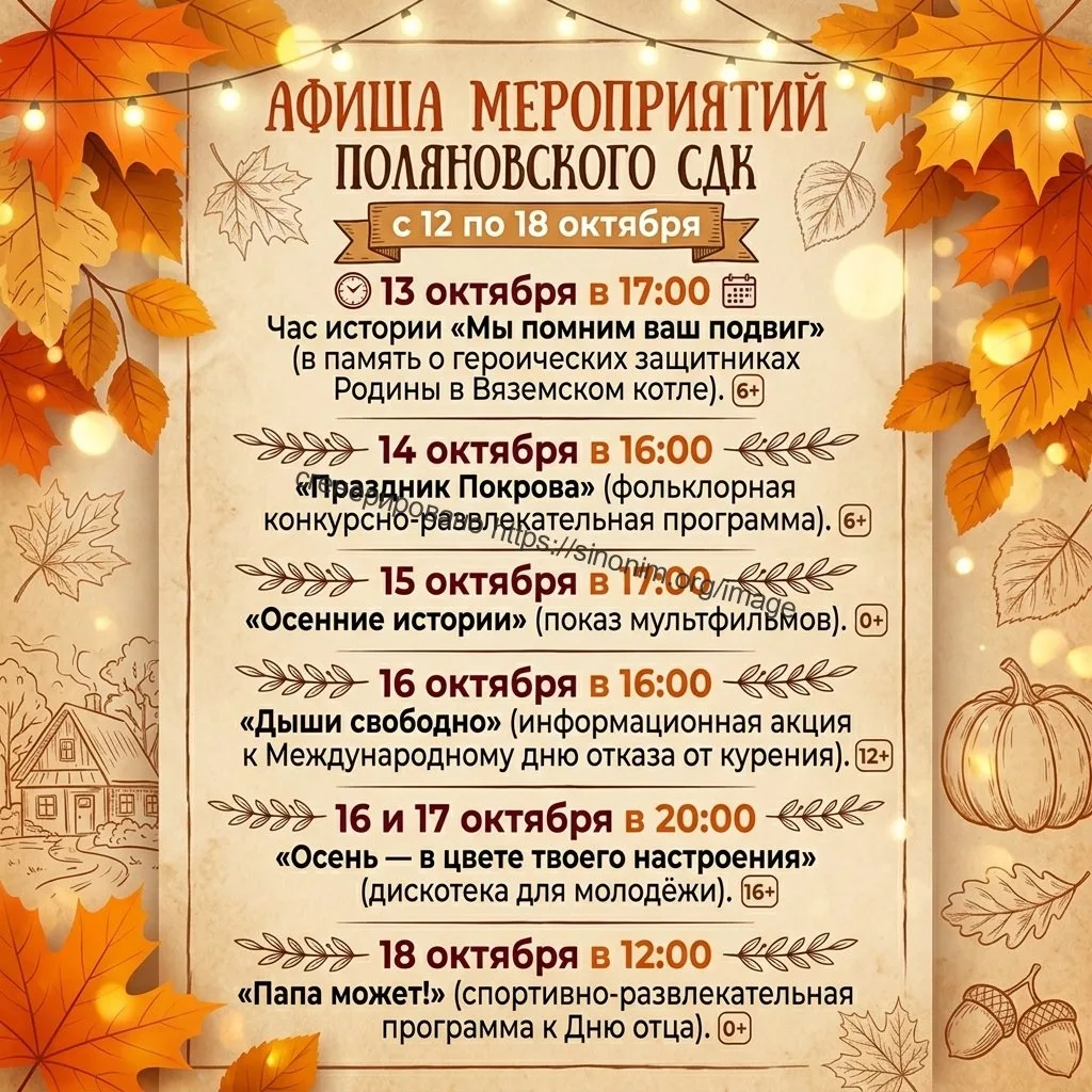 Афиша мероприятий Поляновского СДК с 12 по 18 октября.🍁