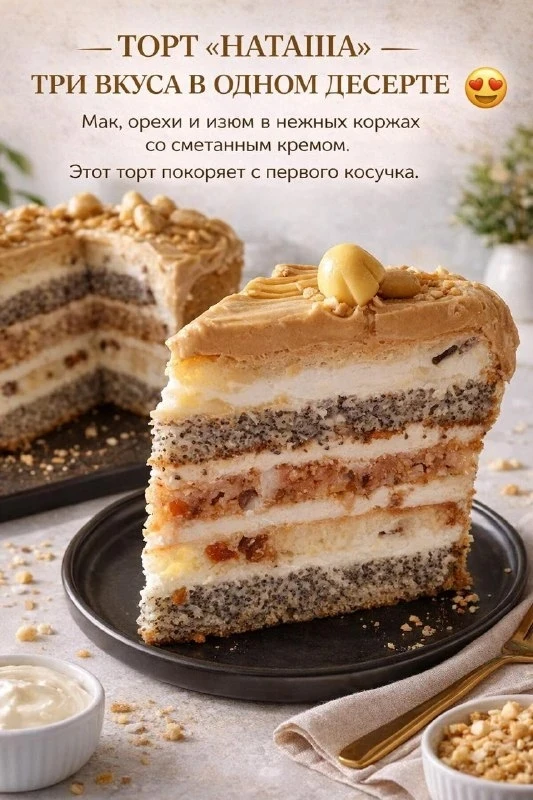 ЭТОТ ТОРТ «НАТАША» ПОКОРЯЕТ С ПЕРВОГО КУСОЧКА. НЕЖНЫЕ КОРЖИ С МАКОМ, ОРЕХАМИ И ИЗЮМОМ С...