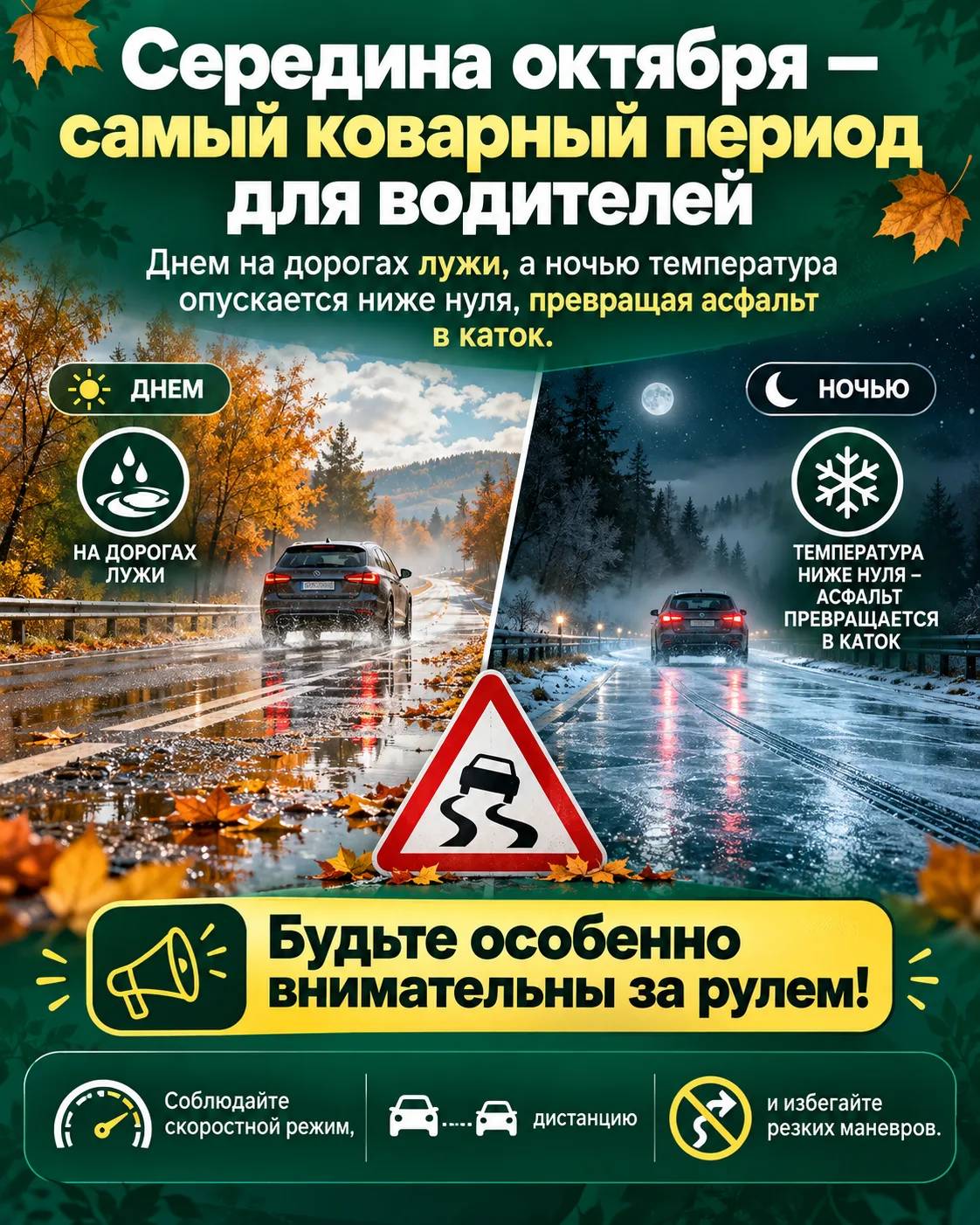 Середина октября - самый коварный период для водителей. Днем на дорогах лужи, а ночью т...