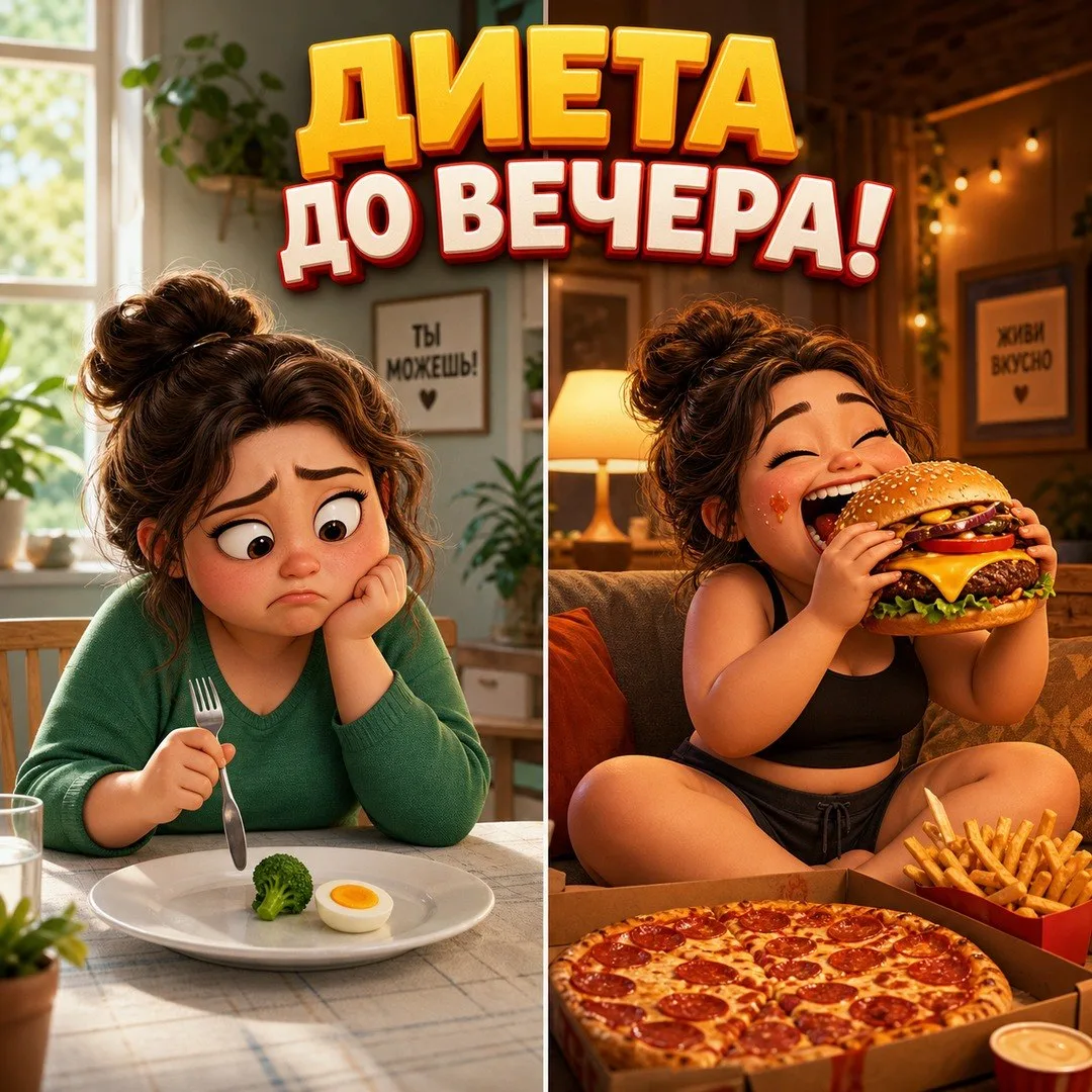 ​​🥦➡️🍔 «Днем я святая мученица, а ночью — гроза холодильника!»
