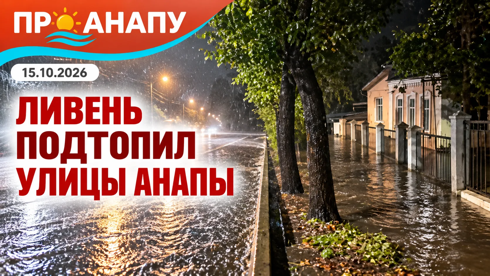 В Анапе во время сильного дождя снова затопило перекрёсток Северной и Первомайской